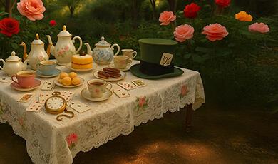 A whimsical tea party scene with floating roses and a Mad Hatter's hat