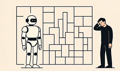 A robot and a man stand in front of a complex, grid-like structure
