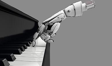 A robotic hand with a microphone attached to its forearm plays a piano
