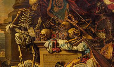 A detailed still life painting titled "Memento Mori" by Carstian Luyckx