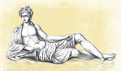 Illustration of a reclining classical figure with draped cloth and a lyre