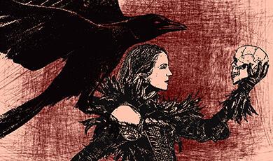A woman in dark attire with a feathered collar holds a skull, while a large black bird flies above her