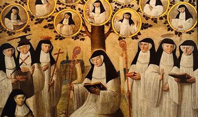 A painting depicting a group of nuns, some standing and one seated reading, with smaller portraits of nuns in circular frames above them