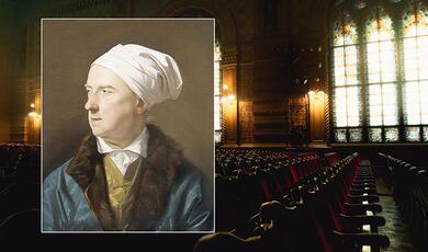 potrait of regency old man against theatre backdrop