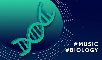 Stylised DNA strand with hashtagged words #BIOLOGY and #MUSIC