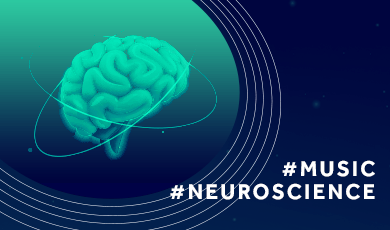 Stylised brain with hashtagged words #NEUROSCIENCE and #MUSIC