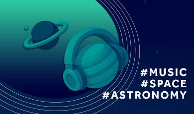 Music and space concept illustration featuring a planet with headphones and a ringed planet, symbolizing the intersection of music, astronomy, and space science. Hashtags: #MUSIC, #SPACE, #ASTRONOMY."
