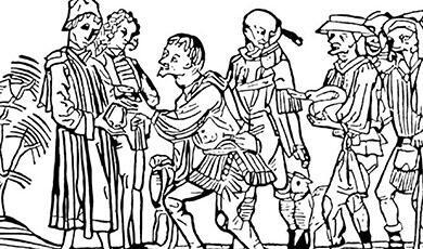 black and white woodcut of some men