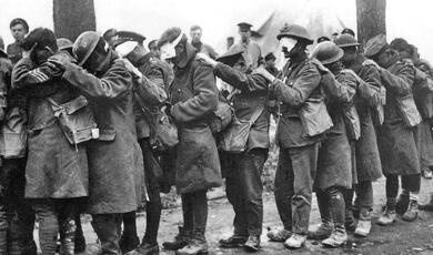 Line of blinded soldiers follow each other World War One