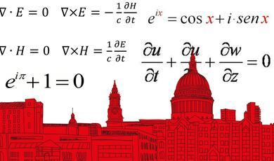 equations on a white background, behind a drawing of the london cityscape (in red)