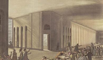 Drawing of the inside St Luke's Hospital, c1808-1810, people  in large atrium