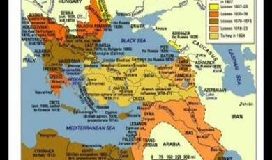 Coloured map showing decline in Ottoman Empire 1807-1924