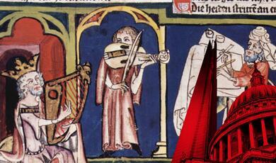 King David with scribe and musicians (illumination from a manuscript in the Zentralbibliothek Zürich).